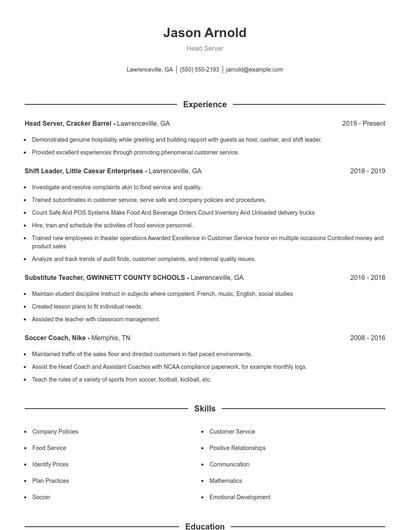 Head Server Resume
