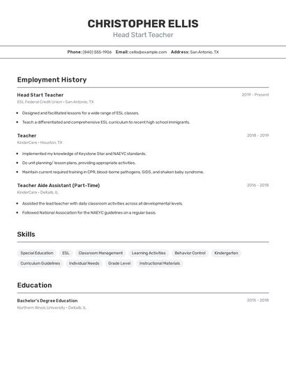 Head Start Teacher Resume