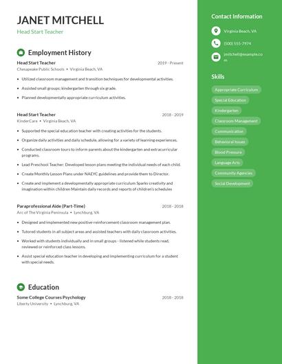 Head Start Teacher Resume