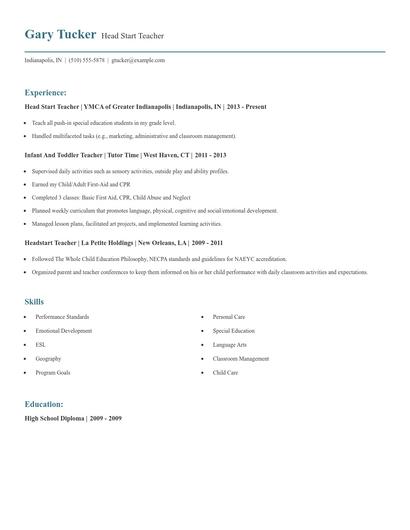 Head Start Teacher Resume
