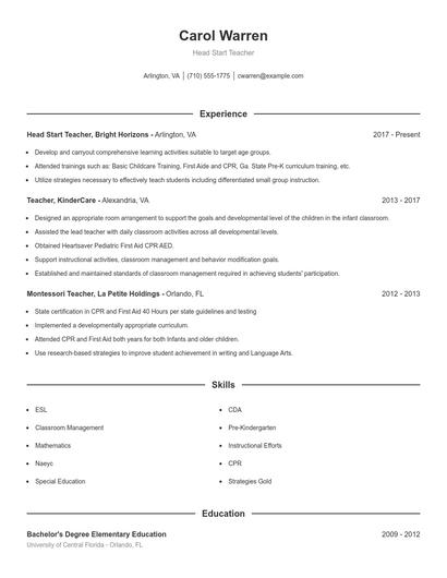 Head Start Teacher Resume