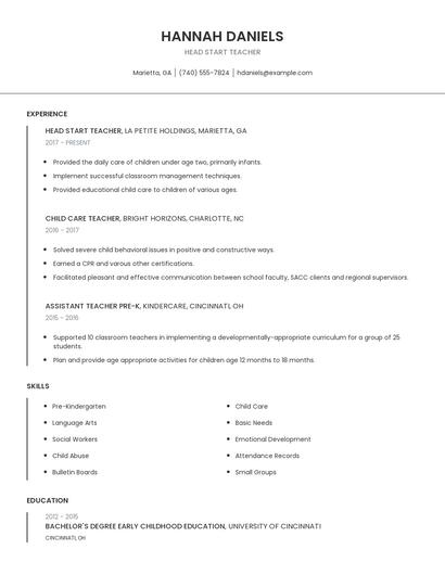 Head Start Teacher Resume