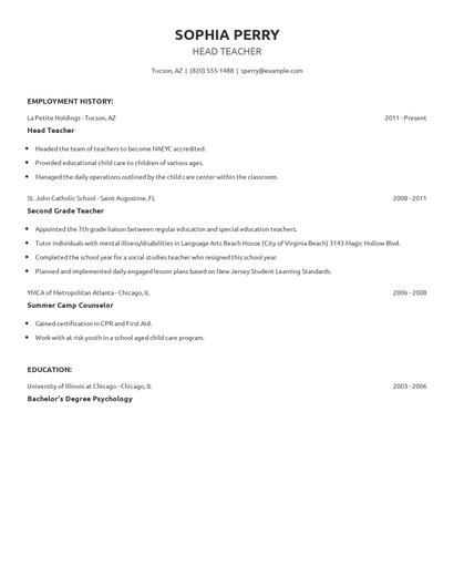 Head Teacher Resume