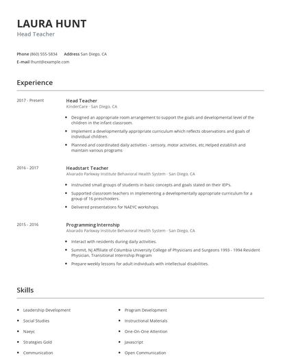 Head Teacher Resume