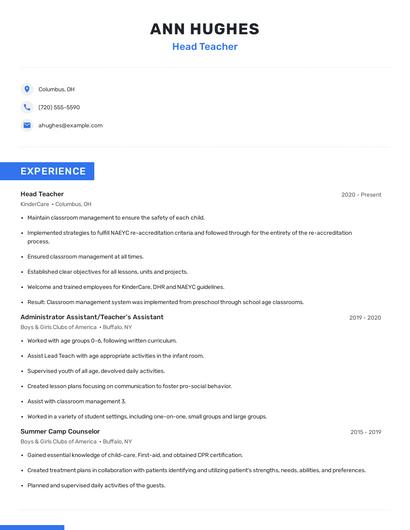 Head Teacher Resume