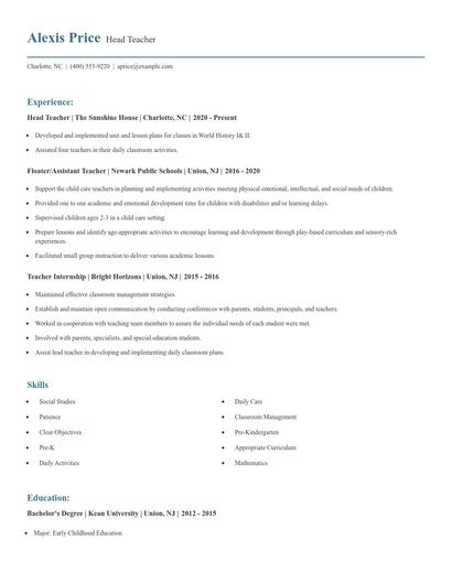 Head Teacher Resume