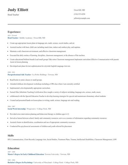 Head Teacher Resume