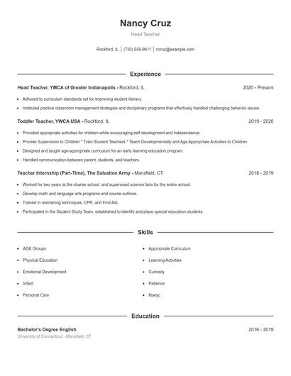 Head Teacher Resume