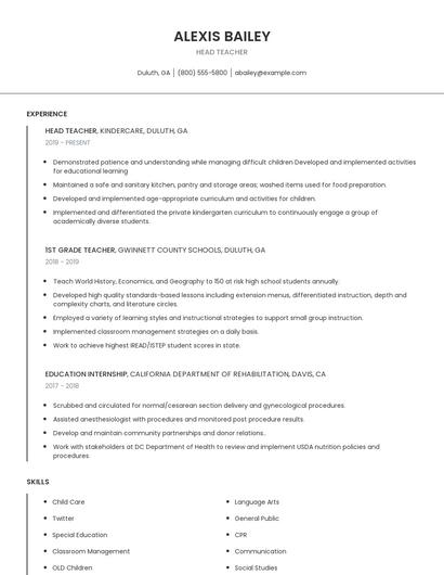 Head Teacher Resume