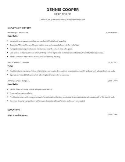 Head Teller Resume
