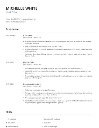 Head Teller Resume