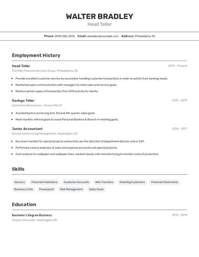 Head Teller Resume