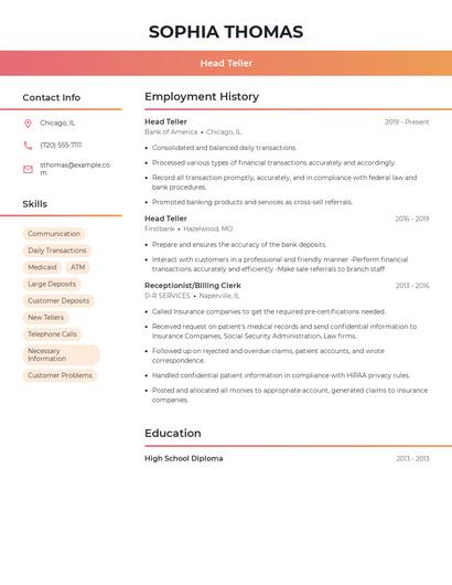 Head Teller Resume