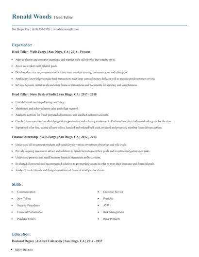 Head Teller Resume