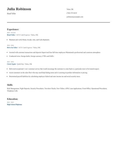Head Teller Resume