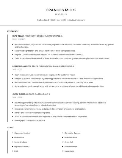 Head Teller Resume