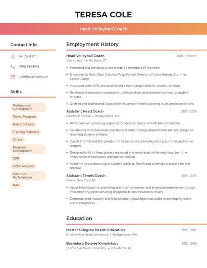 Head Volleyball Coach Resume