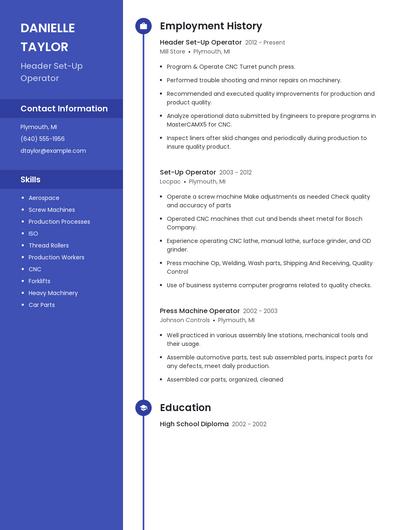 Header Set-Up Operator Resume