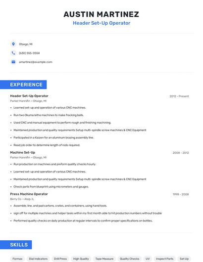 Header Set-Up Operator Resume