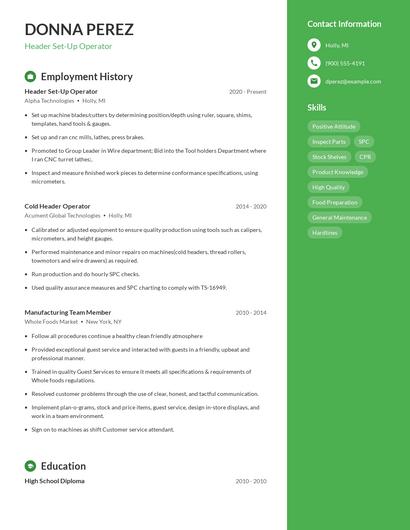 Header Set-Up Operator Resume