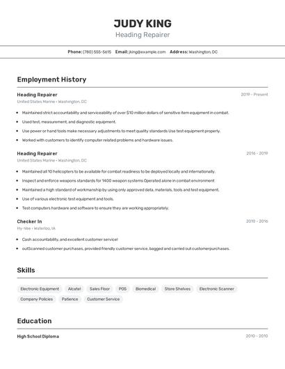 Heading Repairer Resume