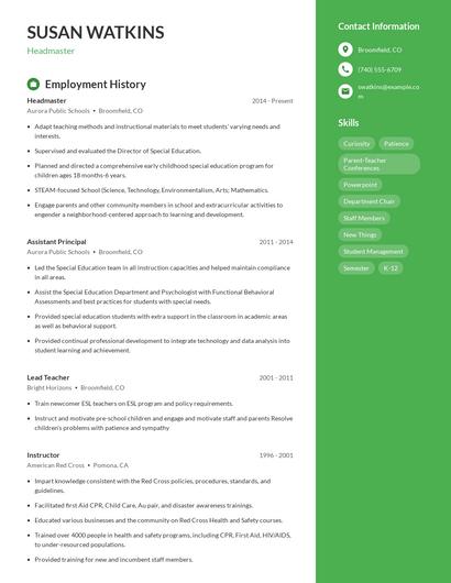 Headmaster Resume