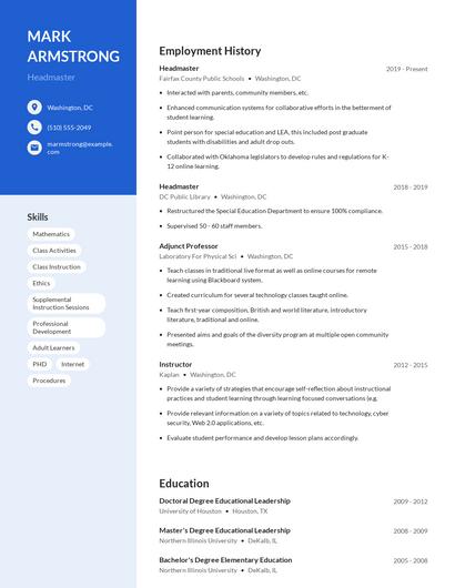 Headmaster Resume
