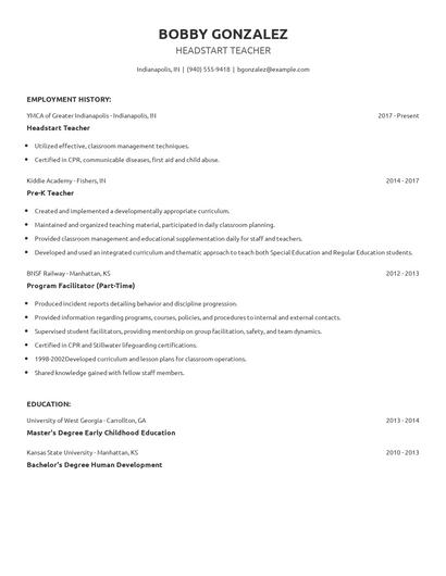 Headstart Teacher Resume