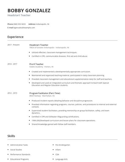 Headstart Teacher Resume