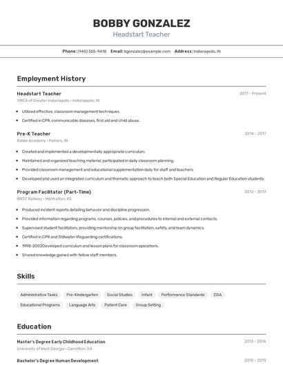 Headstart Teacher Resume
