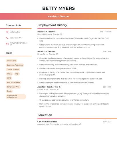 Headstart Teacher Resume
