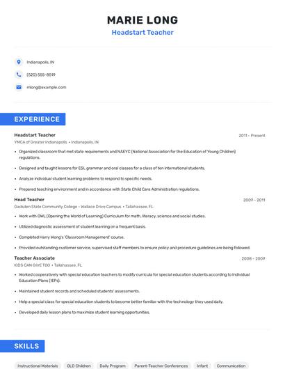 Headstart Teacher Resume