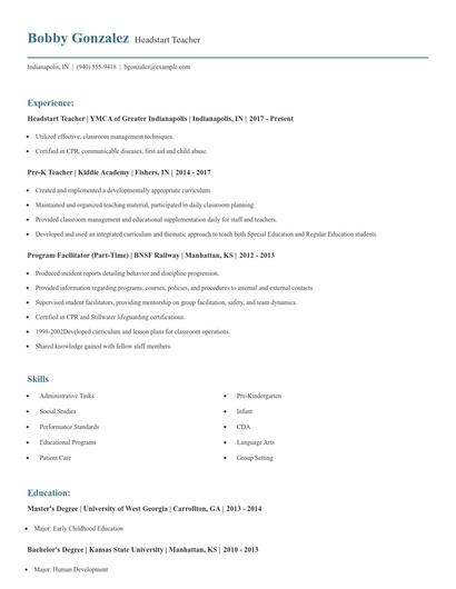 Headstart Teacher Resume