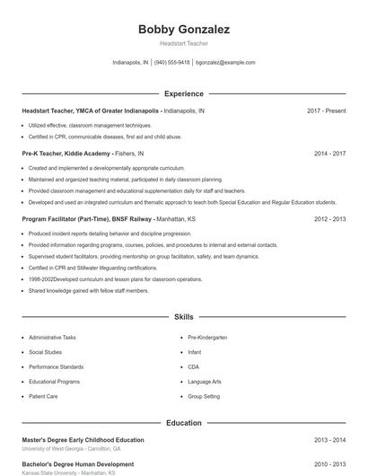 Headstart Teacher Resume