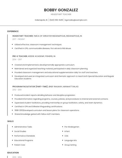 Headstart Teacher Resume