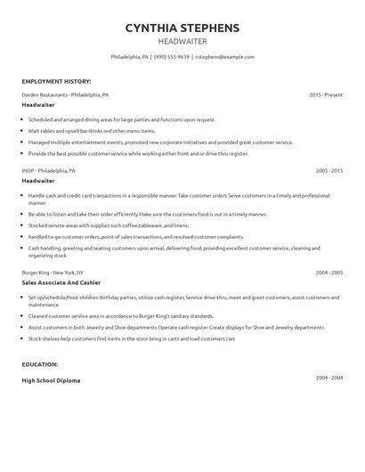 Headwaiter Resume