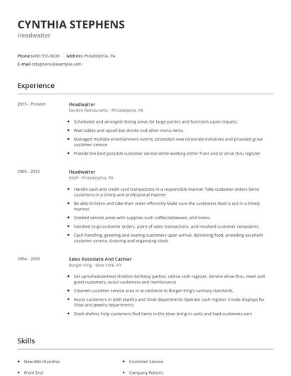 Headwaiter Resume