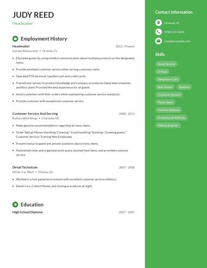 Headwaiter Resume