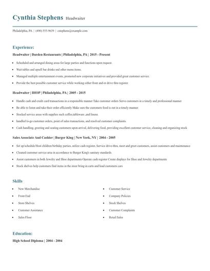 Headwaiter Resume