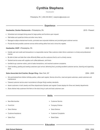 Headwaiter Resume