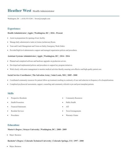 Health Administrator Resume