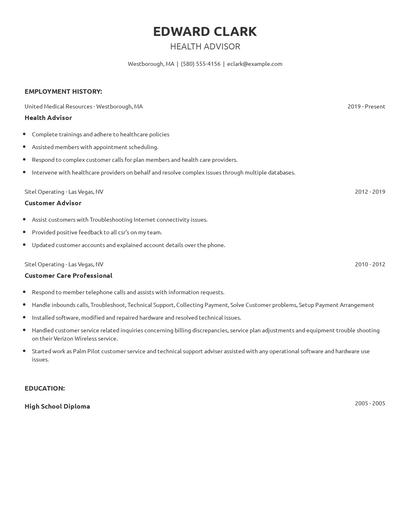 Health Advisor Resume