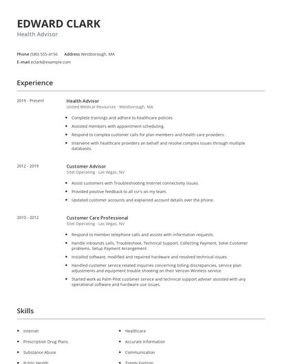 Health Advisor Resume