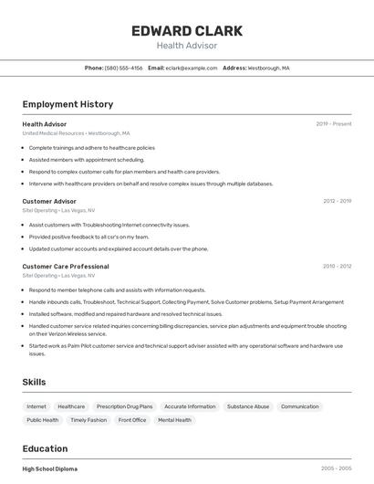 Health Advisor Resume