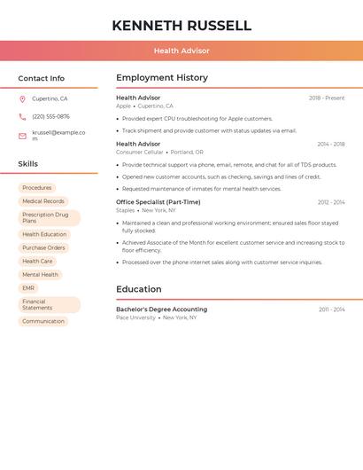 Health Advisor Resume