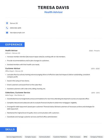 Health Advisor Resume