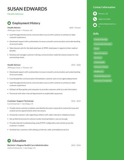 Health Advisor Resume