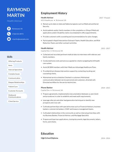 Health Advisor Resume