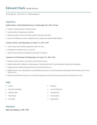 Health Advisor Resume