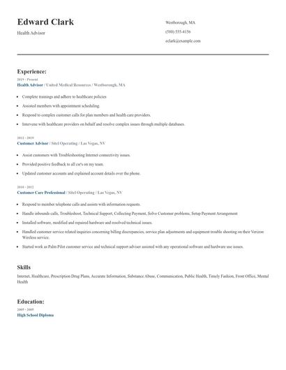 Health Advisor Resume